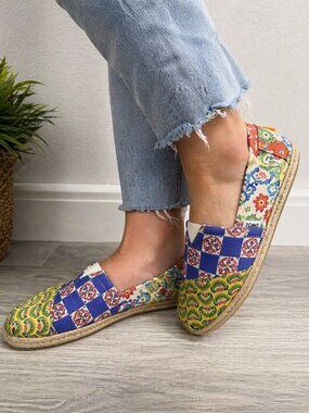 TOMS Alpargata Slip-On Espadrilles Patchwork Print Canvas Flats Women’s 7.5 Boho